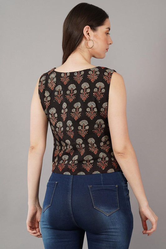 Black Ajrak Print Slim Fit cropTop Navsyaa