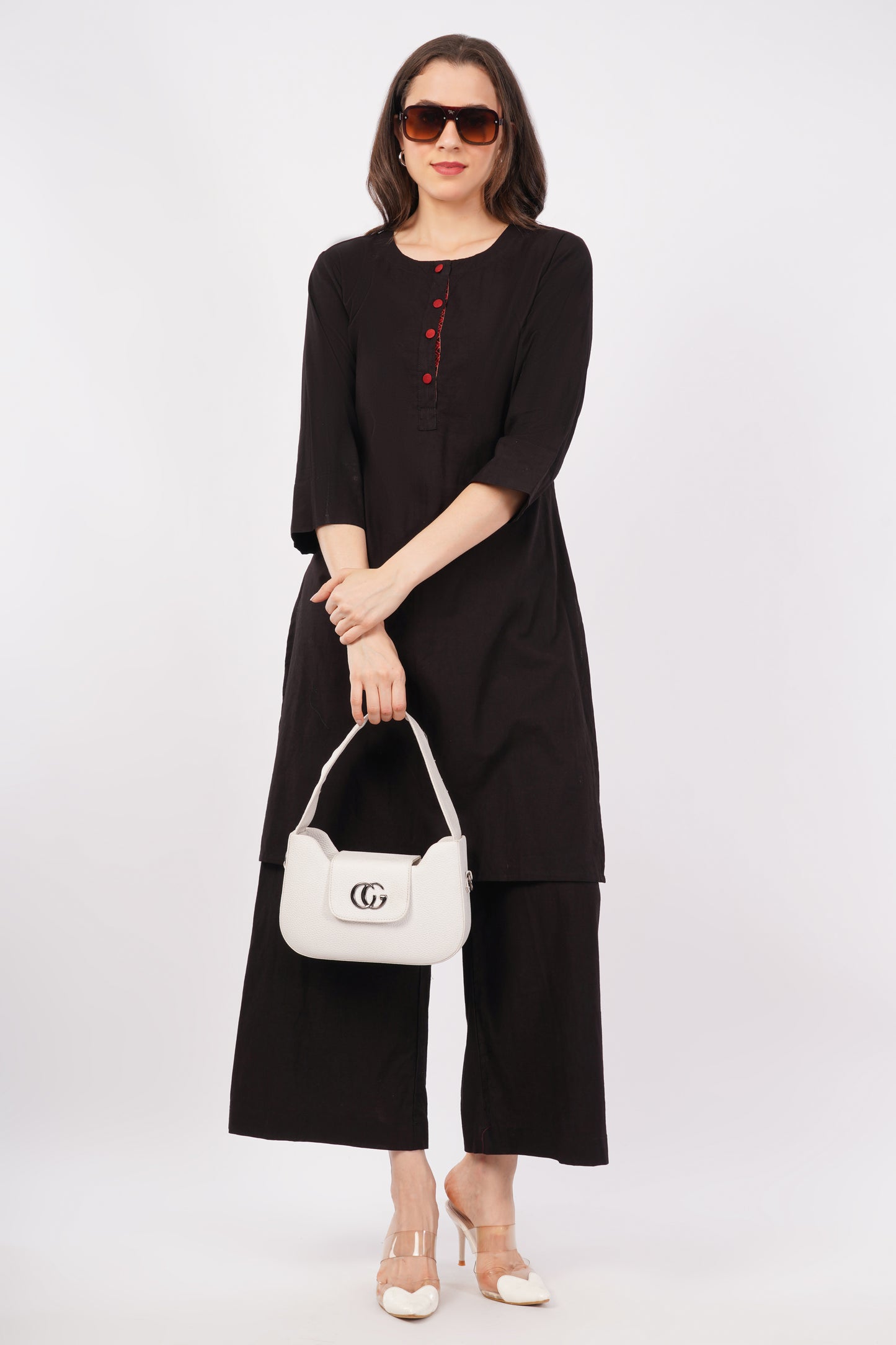Black Pure Cotton Kurta Pant Set for Women with Ajrakh Trim | Navsyaa