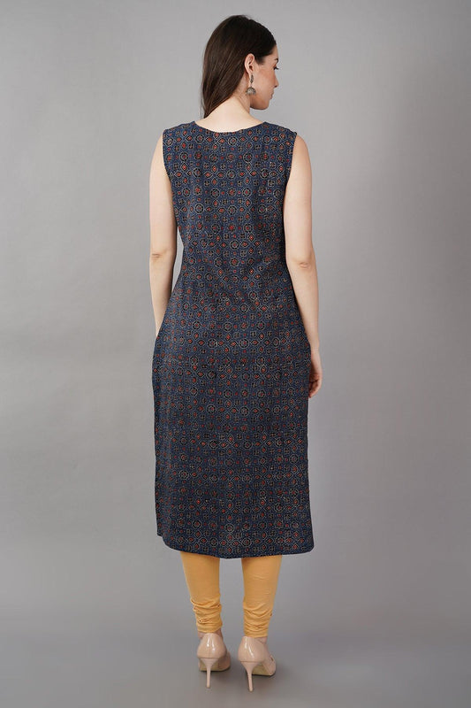 Indigo Cotton Ajrakh Printed Long Kurta Navsyaa