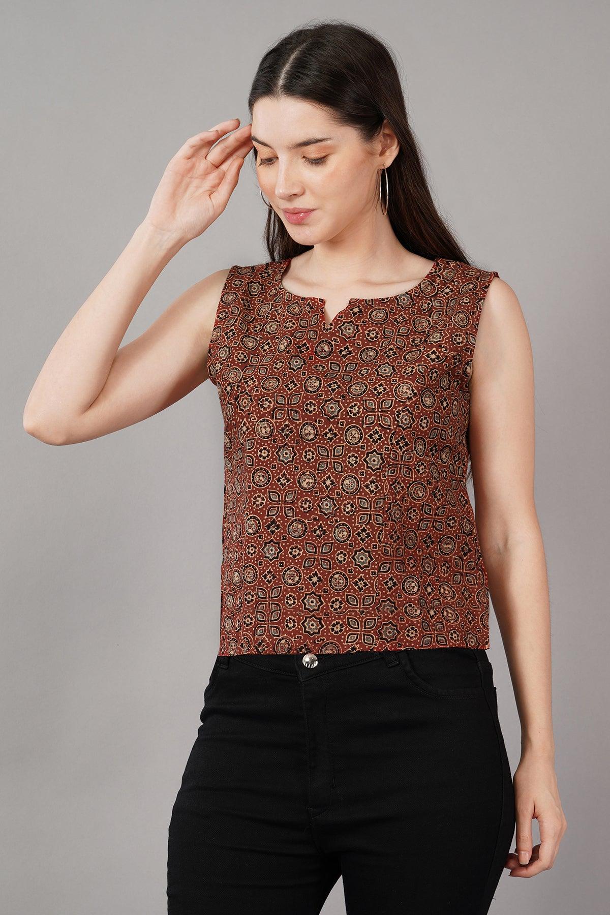 Maroon Ajrak Print Slim Fit crop Top Navsyaa