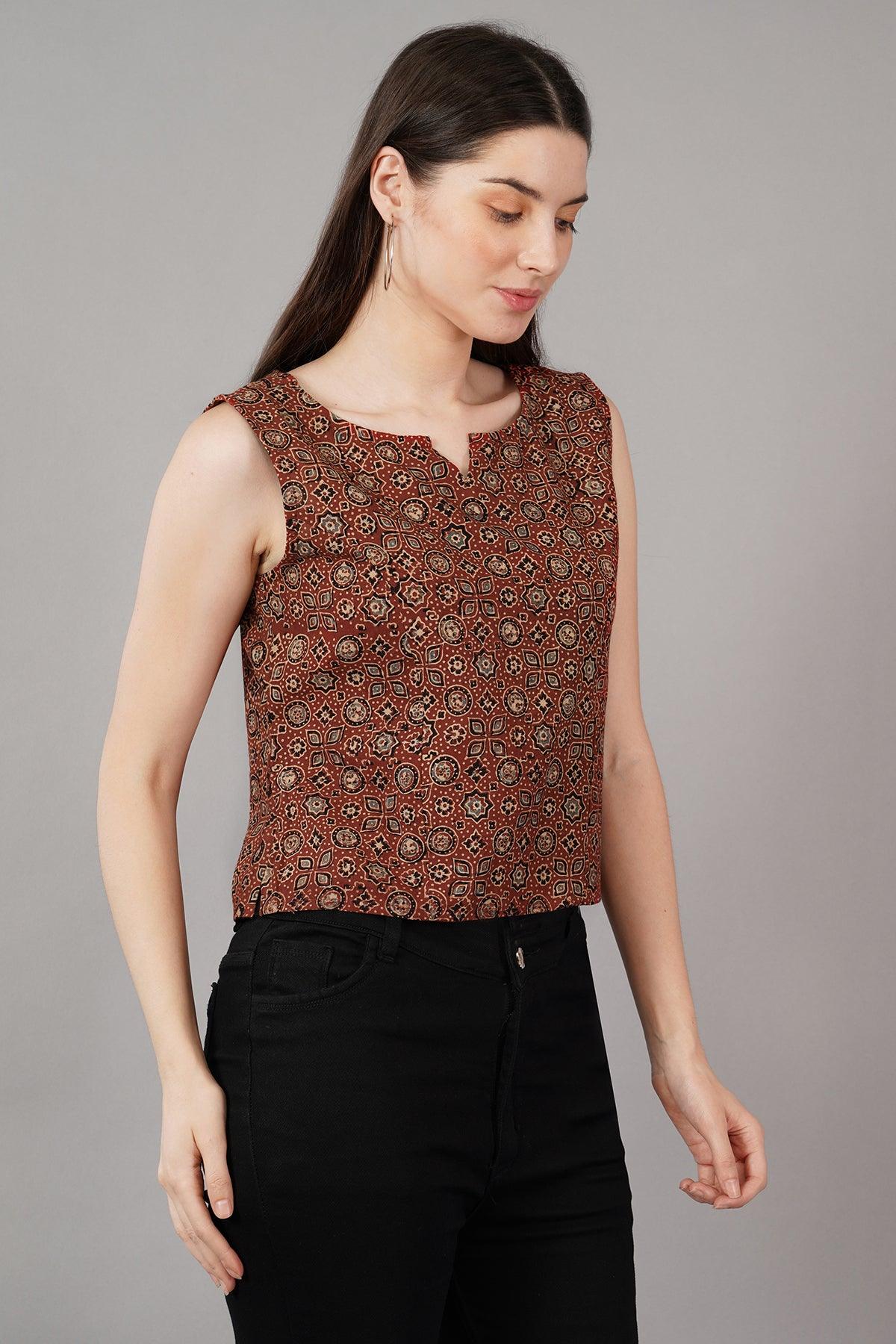 Maroon Ajrak Print Slim Fit crop Top Navsyaa