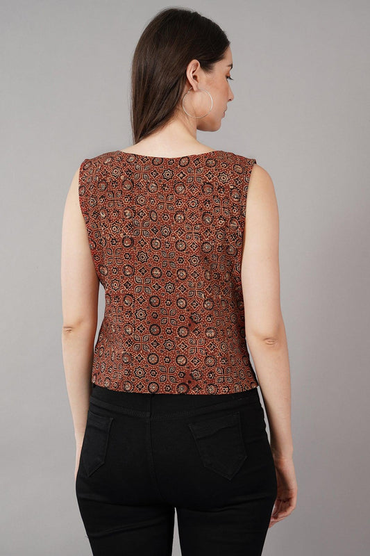 Maroon Ajrak Print Slim Fit crop Top Navsyaa