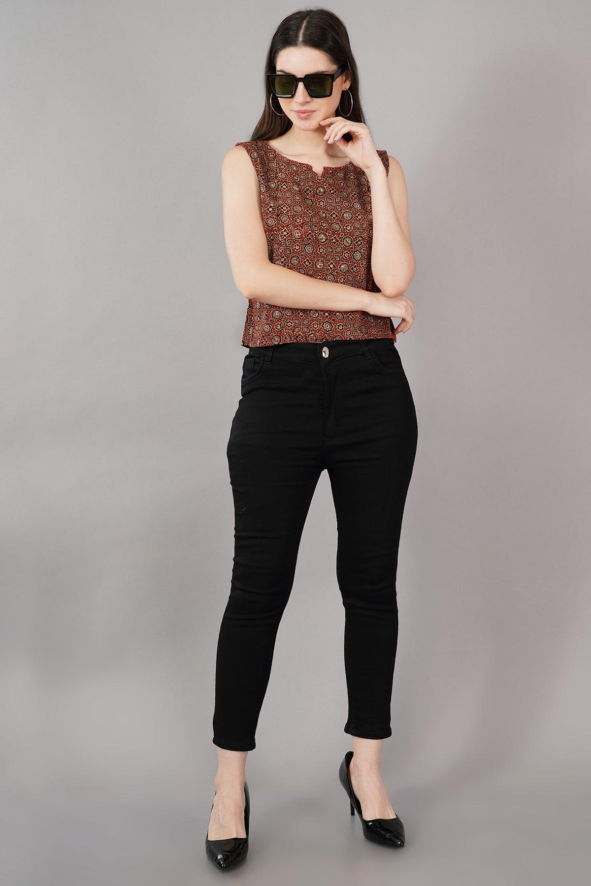 Maroon Ajrak Print Slim Fit crop Top Navsyaa