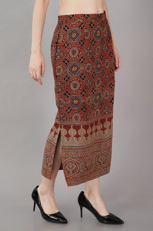 Maroon Ajrakh Print Straight Skirt Navsyaa