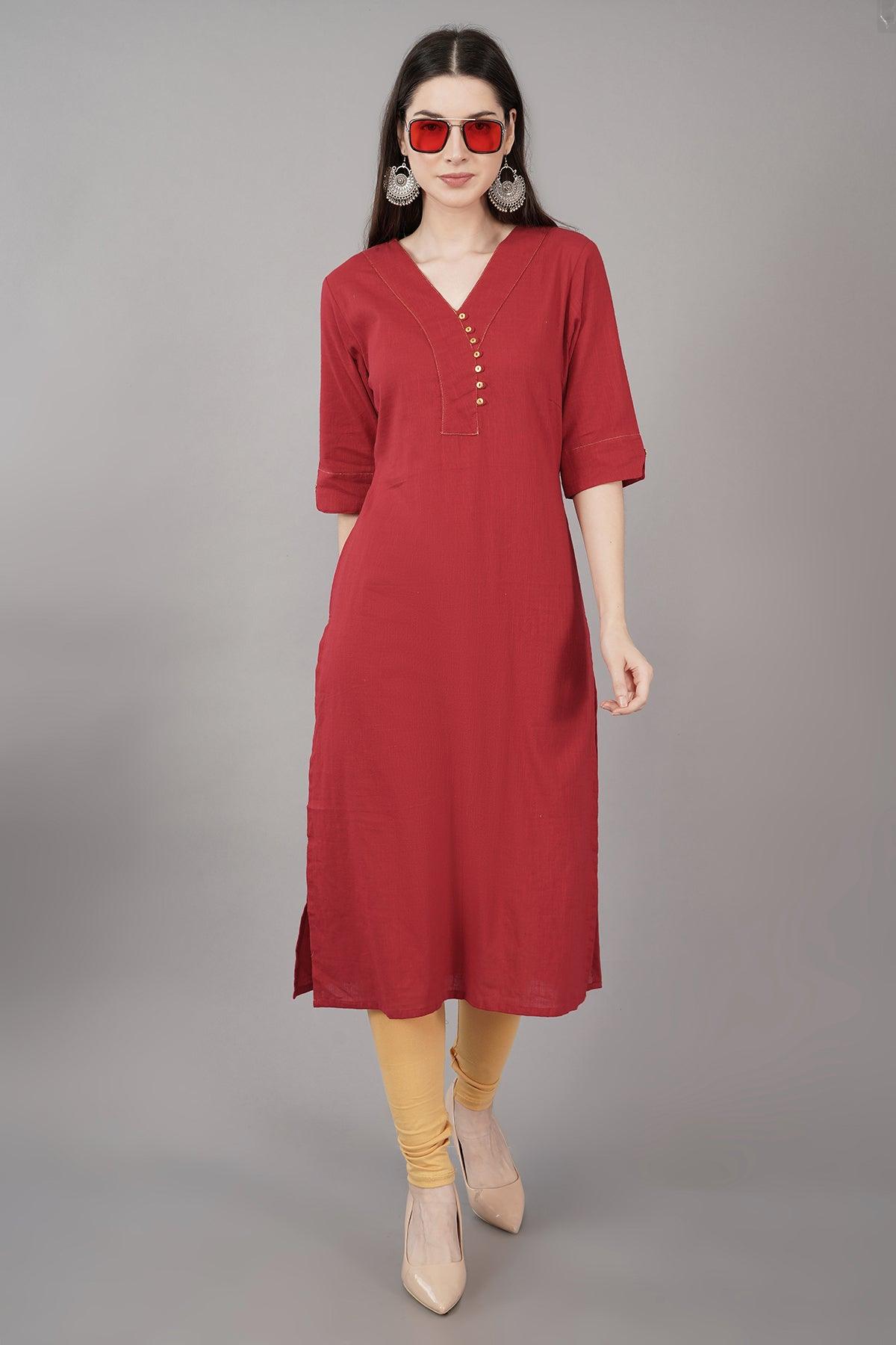 Red V-Neck Straight cotton Kurta Navsyaa