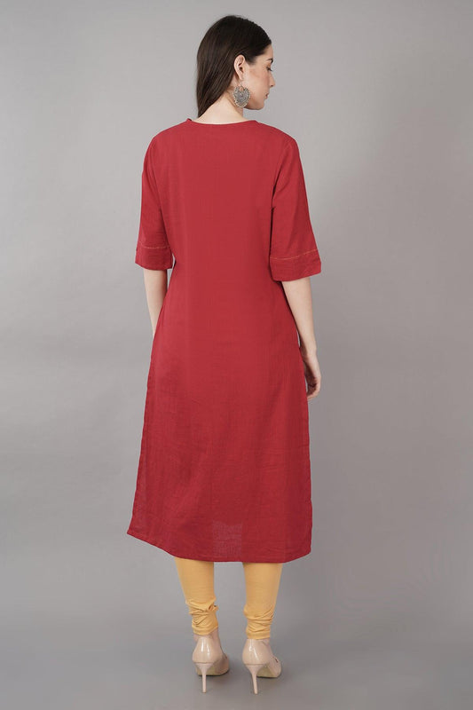 Red V-Neck Straight cotton Kurta Navsyaa