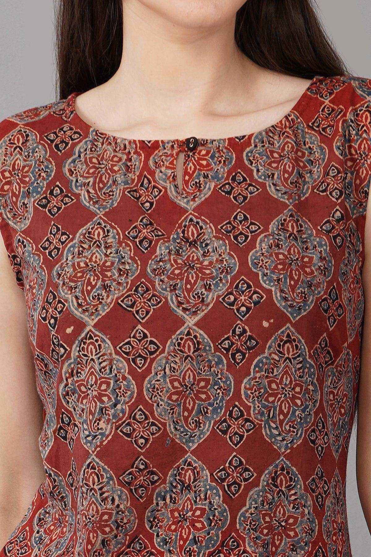 Rust Cotton Ajrakh Printed Long Kurta Navsyaa