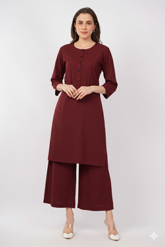 Maroon Pure Cotton Kurta & Pant Set for Women with Ajrakh Trim Detail | Navsyaa
