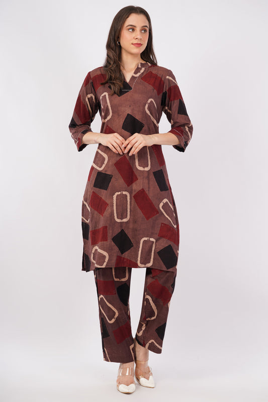 Multicolor Ajrakh Print Pure Cotton Kurta &amp; Pant Set for Women