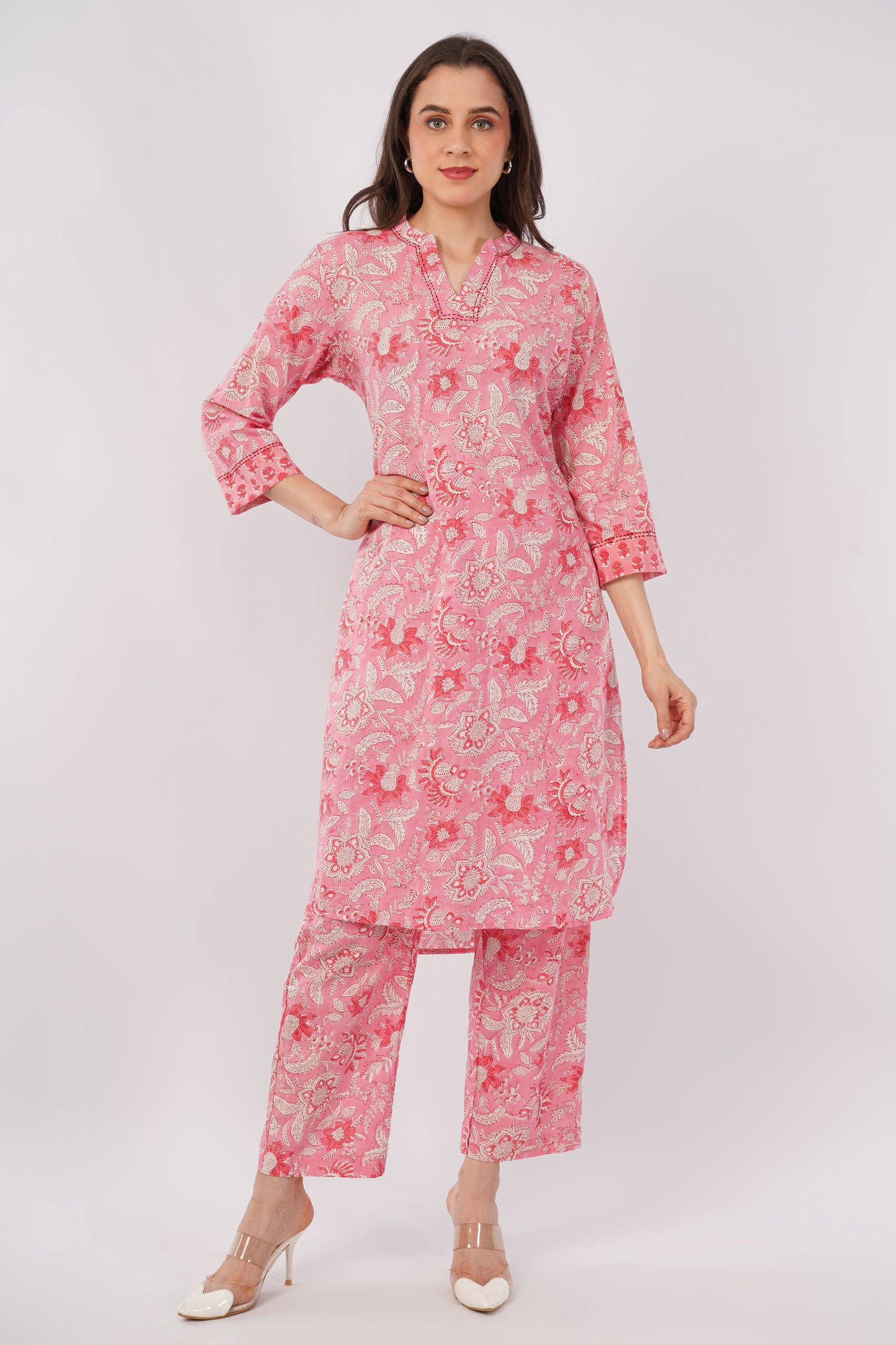 Pink Floral Print Pure Cotton Kurta & Pant Set for Women