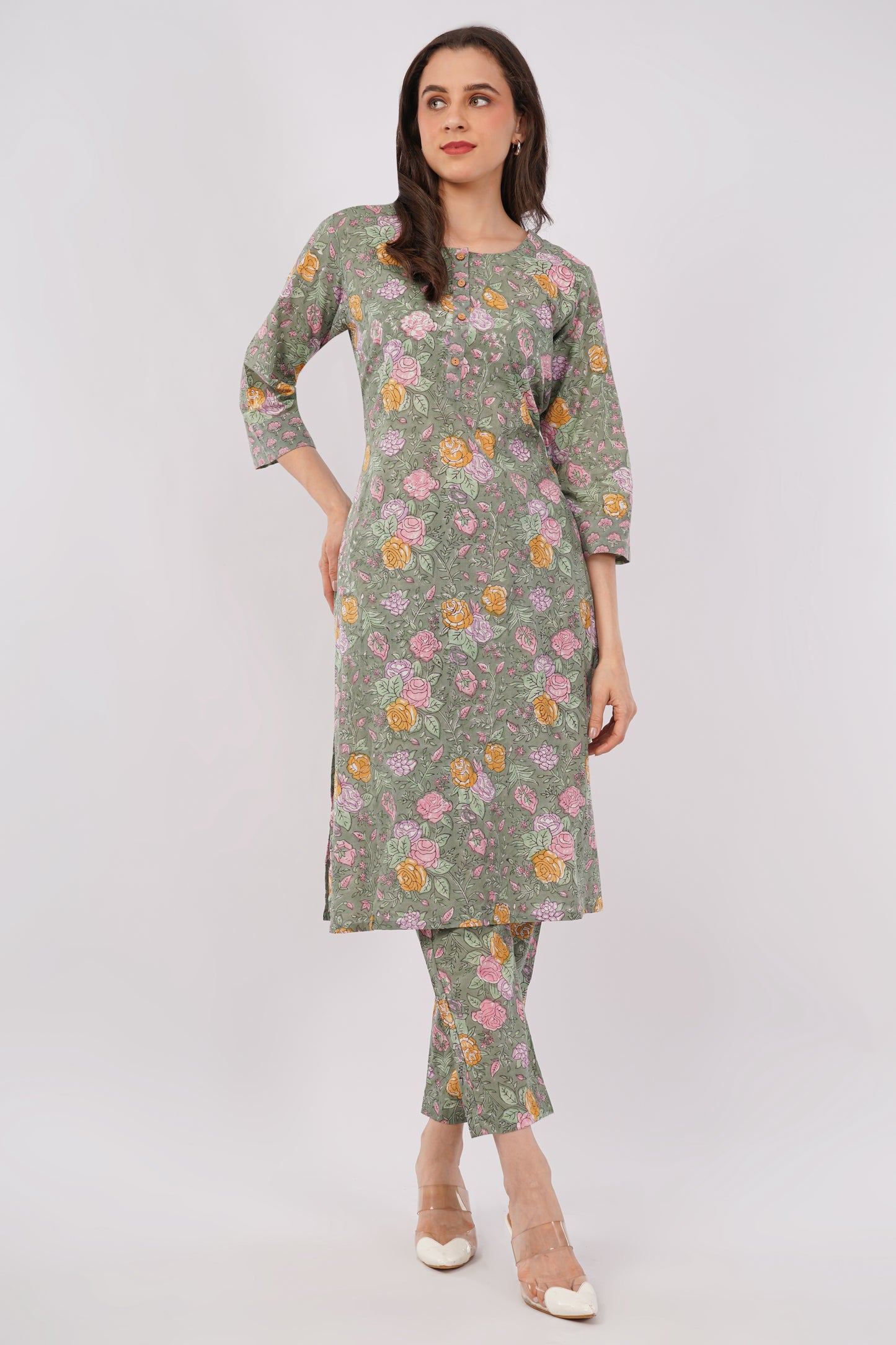 Sage Green Floral Print Pure Cotton Kurta &amp; Pant Set for Women