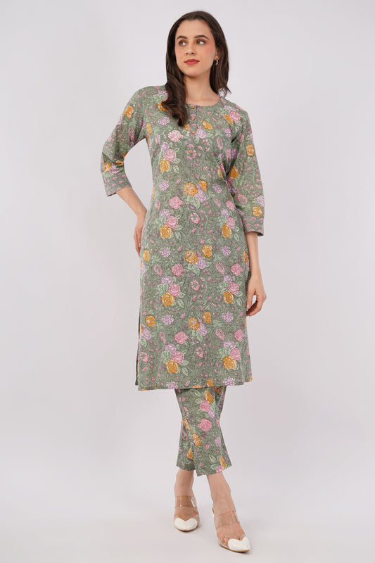 Sage Green Floral Print Pure Cotton Kurta &amp; Pant Set for Women