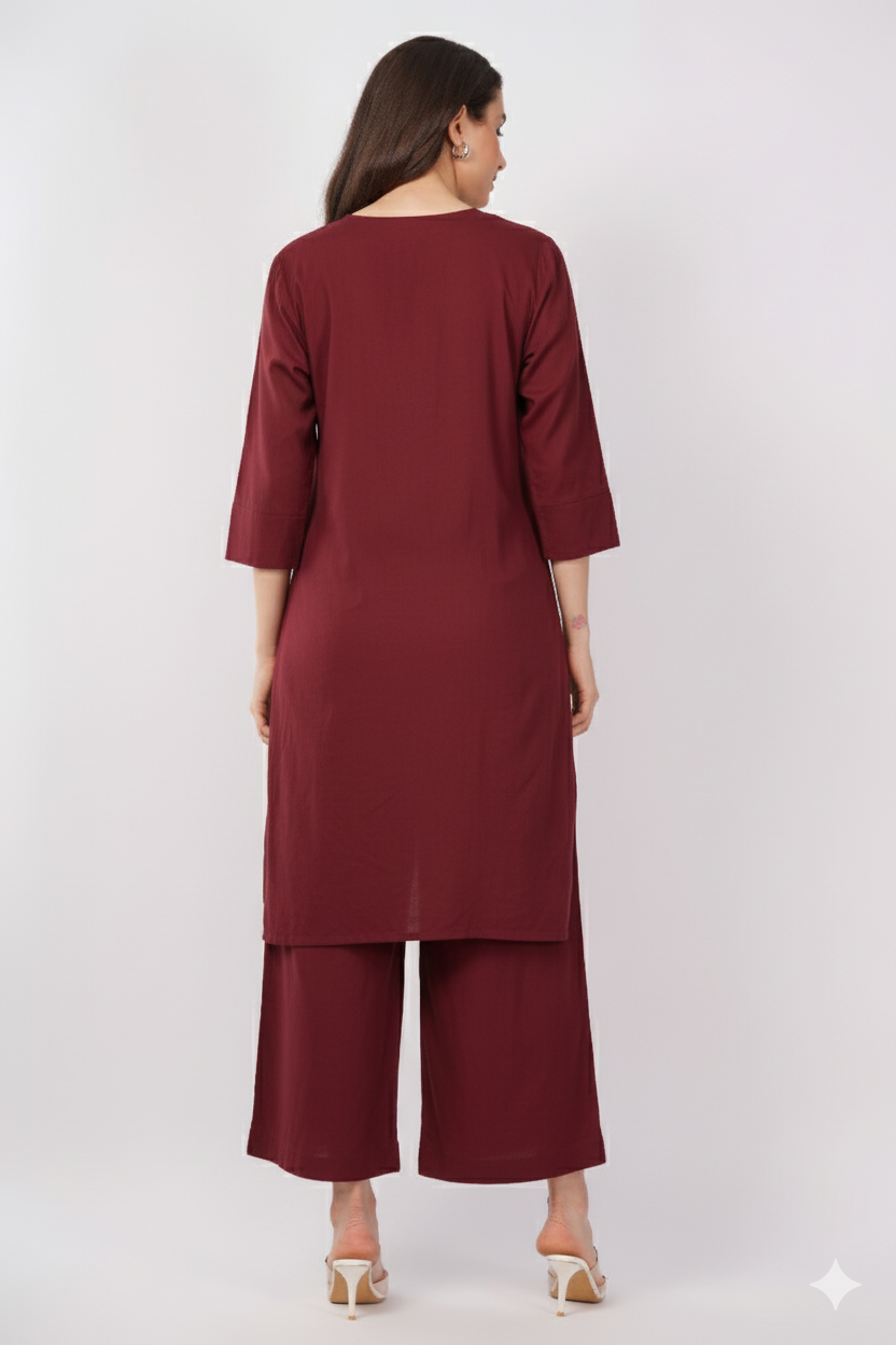 Maroon Pure Cotton Kurta & Pant Set for Women with Ajrakh Trim Detail | Navsyaa