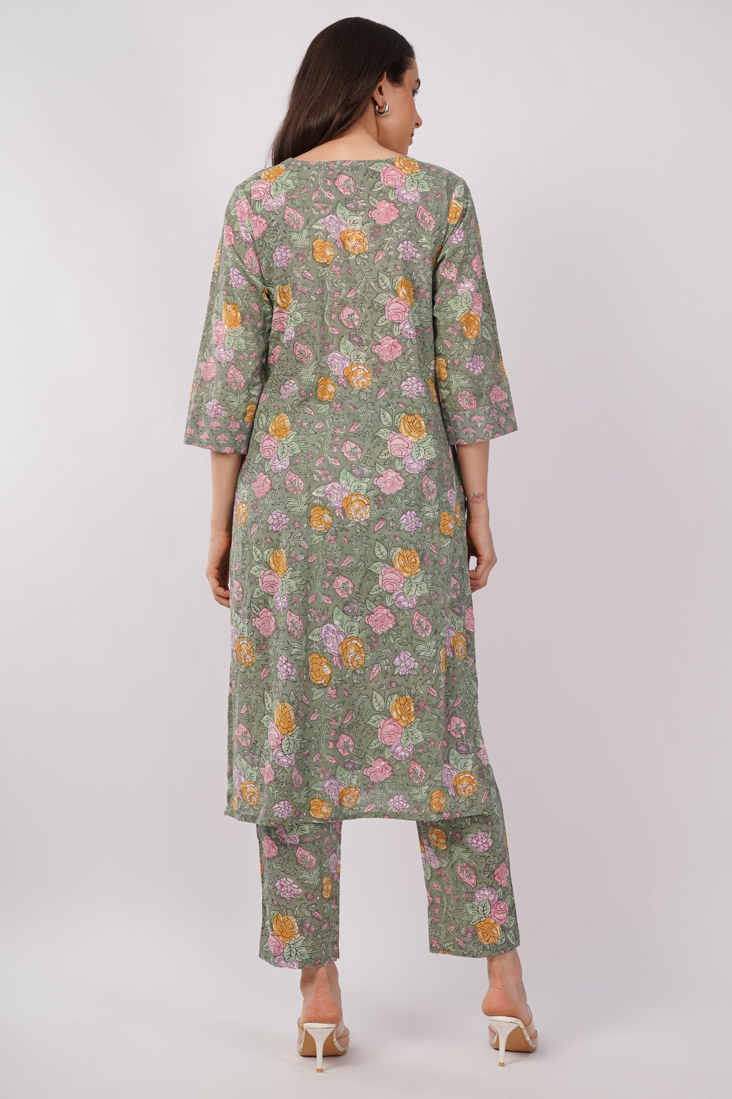 Sage Green Floral Print Pure Cotton Kurta &amp; Pant Set for Women