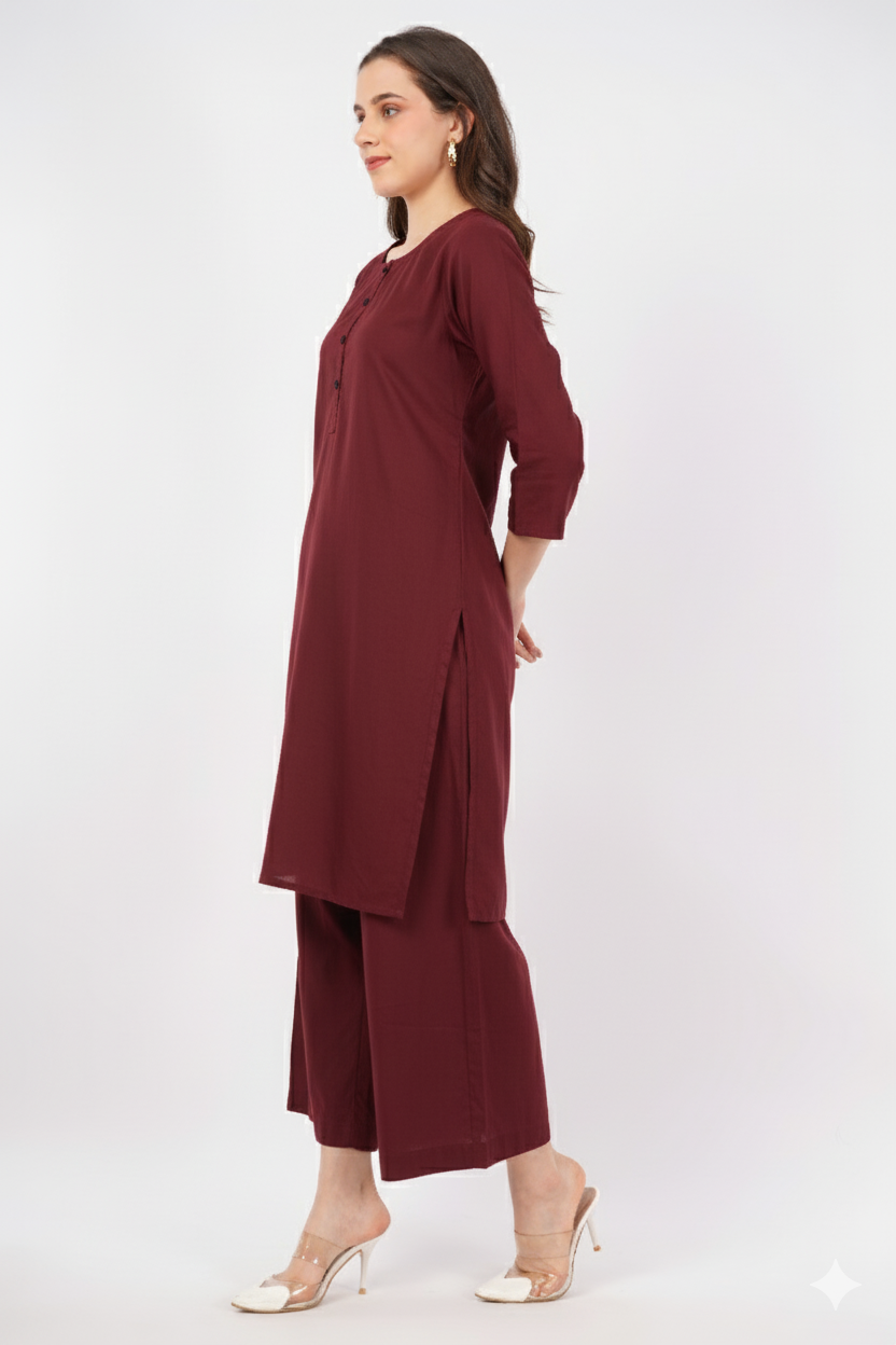 Maroon Pure Cotton Kurta & Pant Set for Women with Ajrakh Trim Detail | Navsyaa