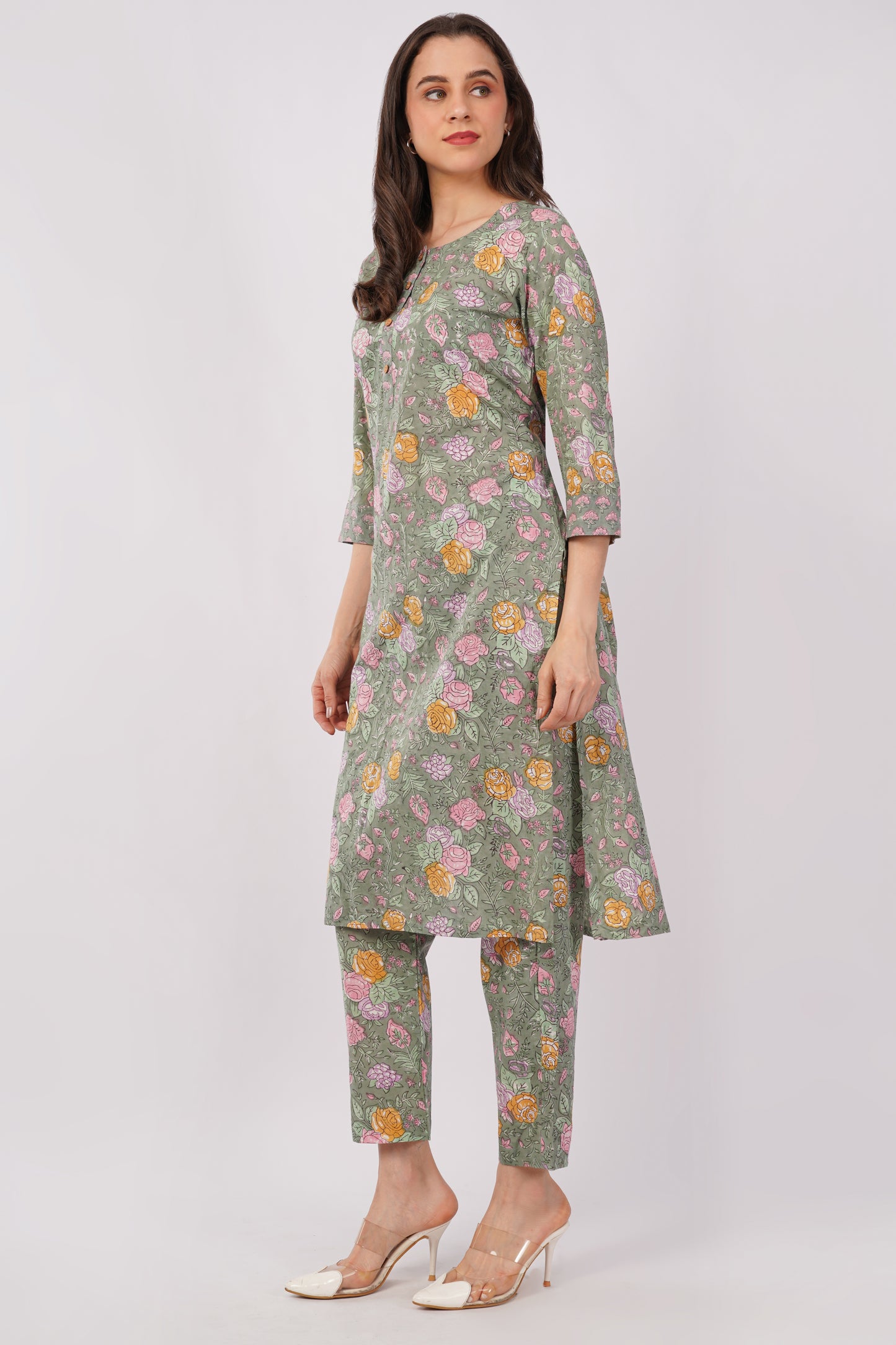 Sage Green Floral Print Pure Cotton Kurta &amp; Pant Set for Women