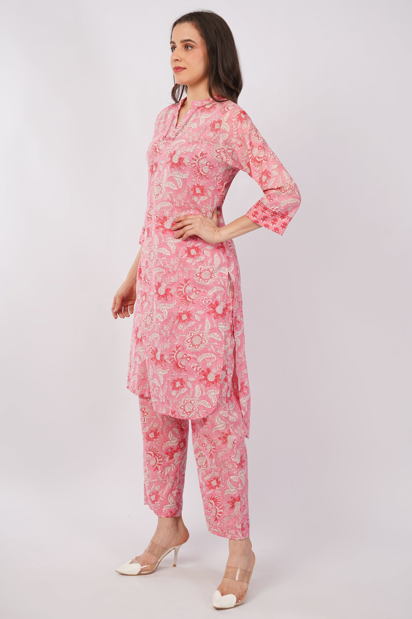 Pink Floral Print Pure Cotton Kurta & Pant Set for Women