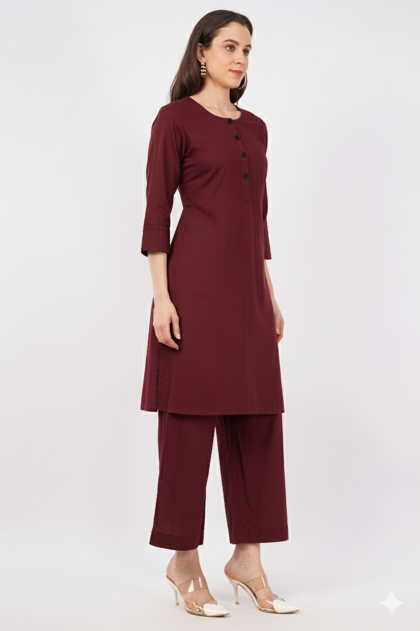 Maroon Pure Cotton Kurta & Pant Set for Women with Ajrakh Trim Detail | Navsyaa