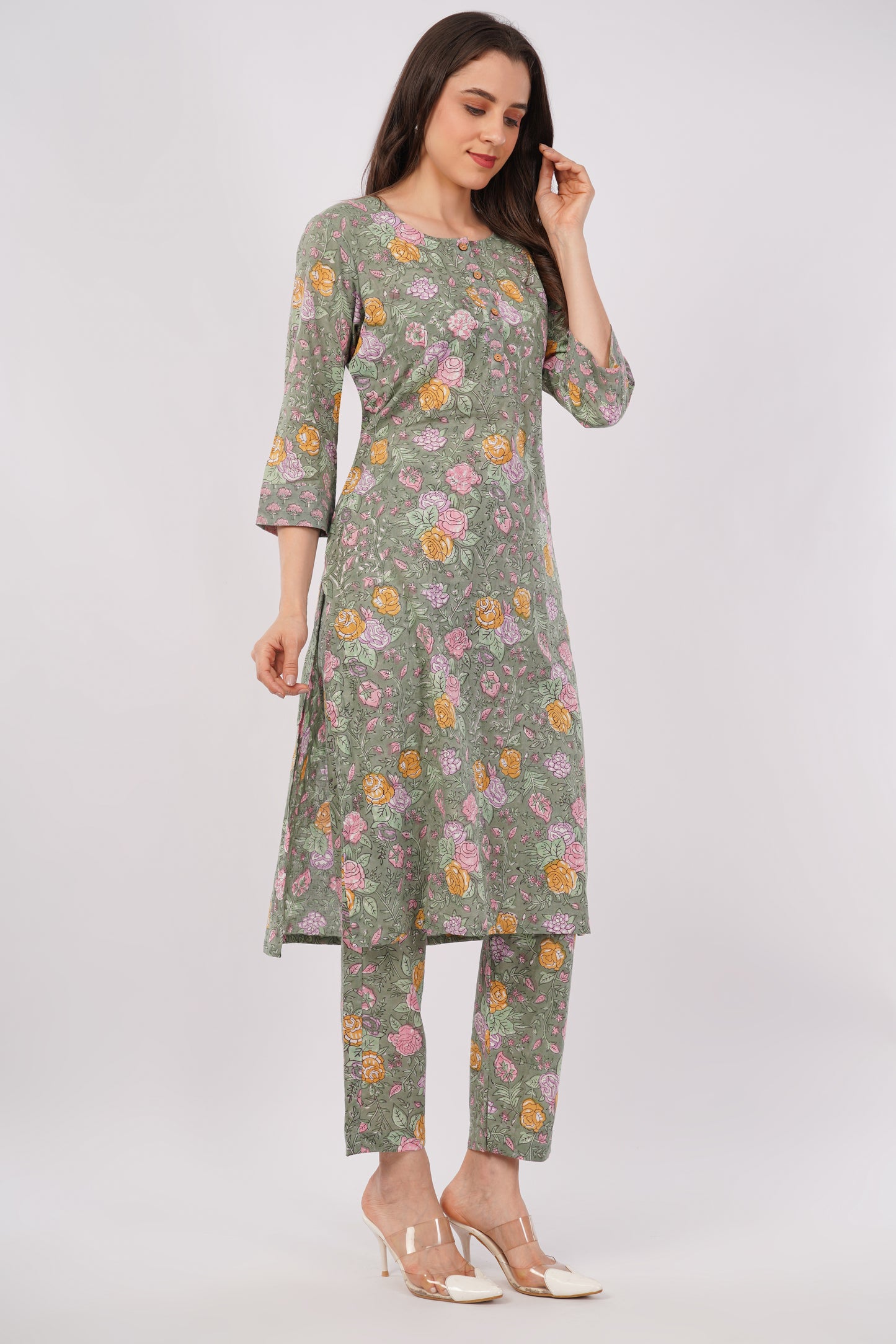 Sage Green Floral Print Pure Cotton Kurta &amp; Pant Set for Women