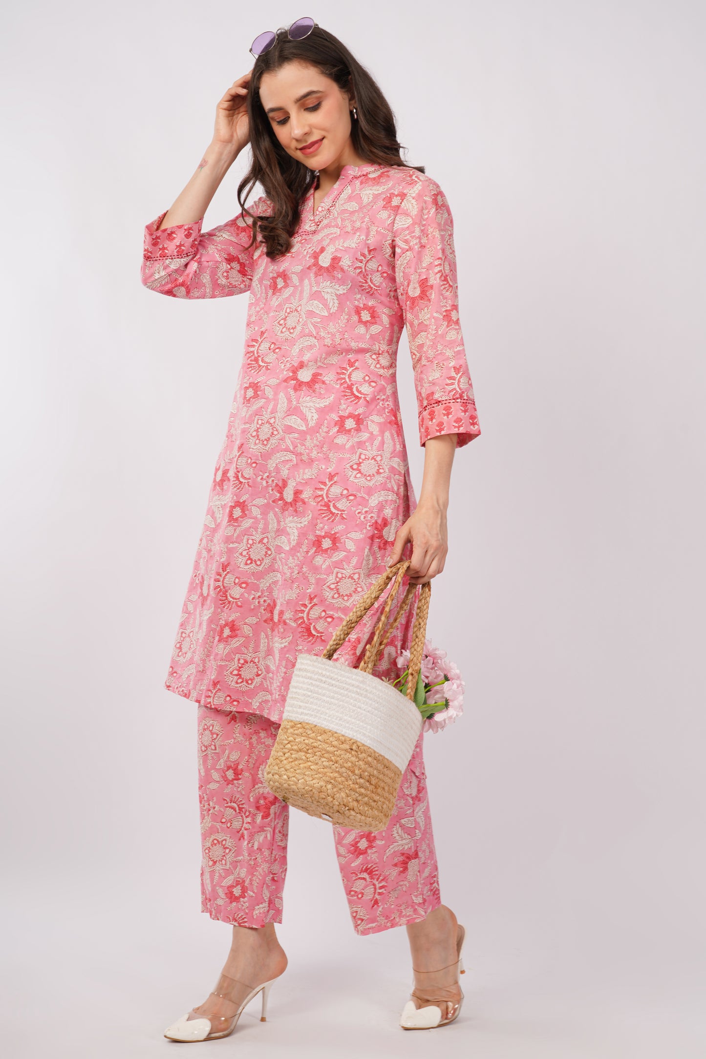 Pink Floral Print Pure Cotton Kurta & Pant Set for Women
