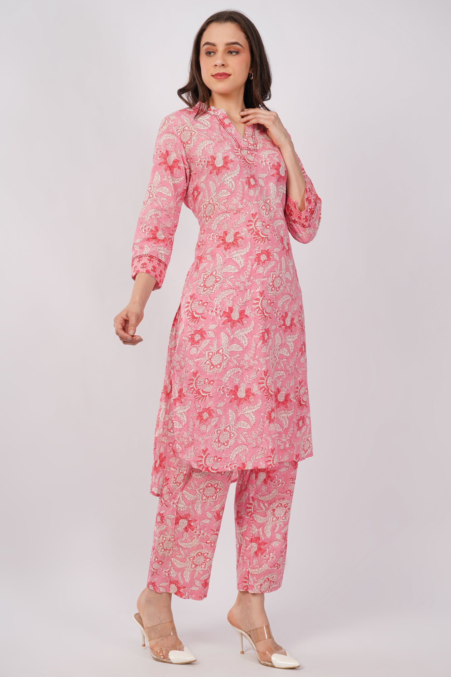 Pink Floral Print Pure Cotton Kurta & Pant Set for Women