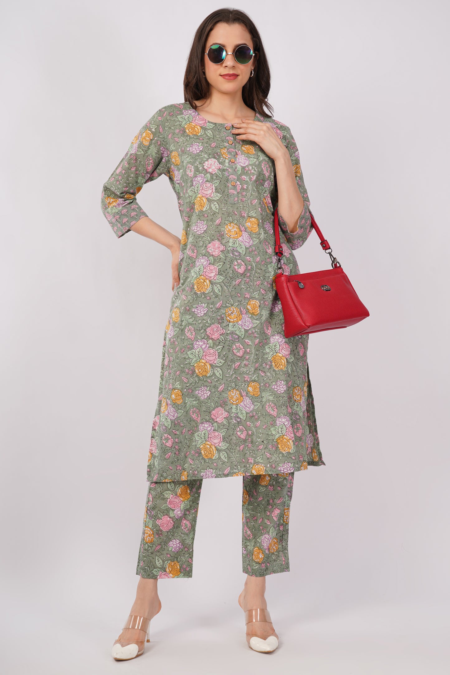 Sage Green Floral Print Pure Cotton Kurta &amp; Pant Set for Women