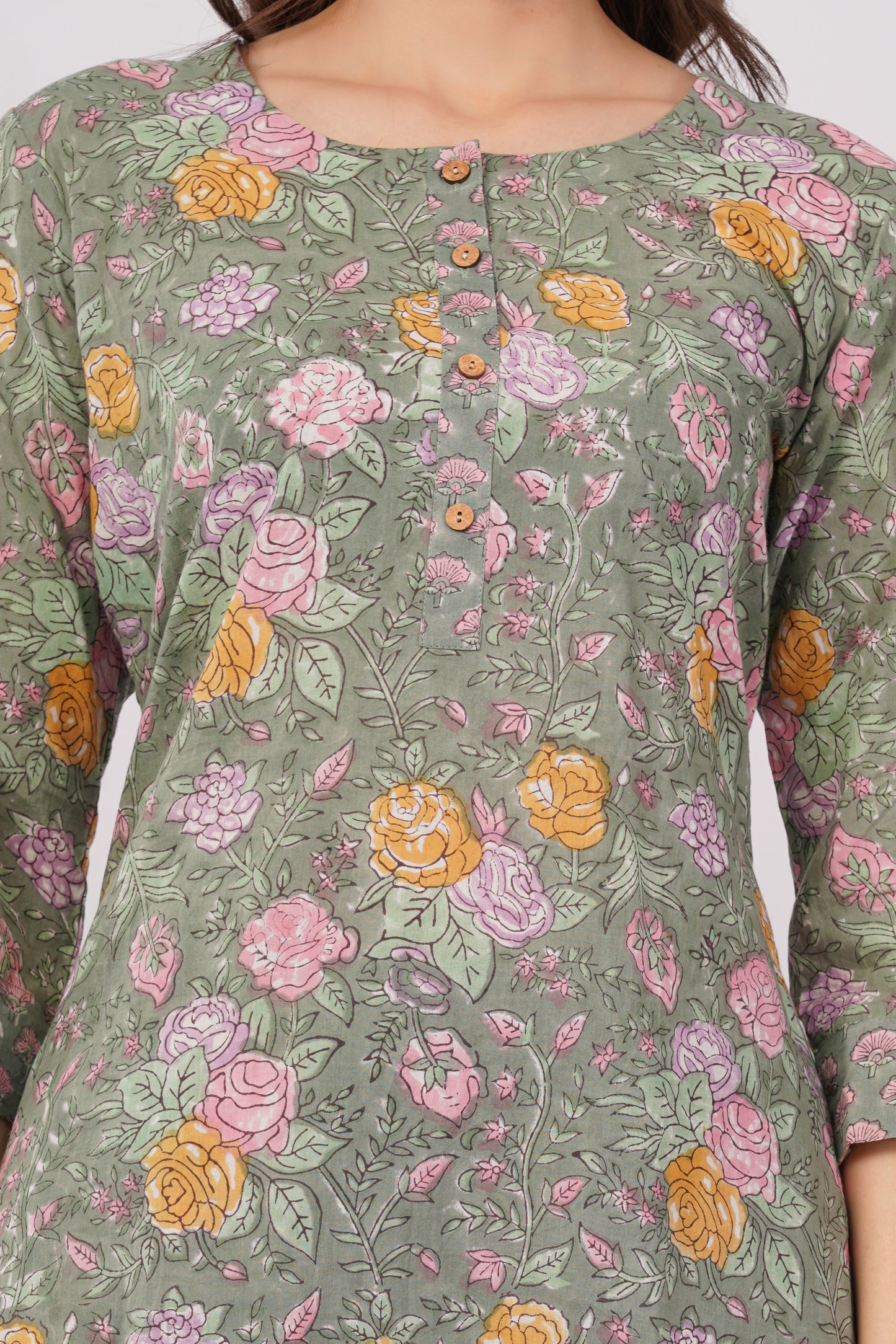 Sage Green Floral Print Pure Cotton Kurta &amp; Pant Set for Women