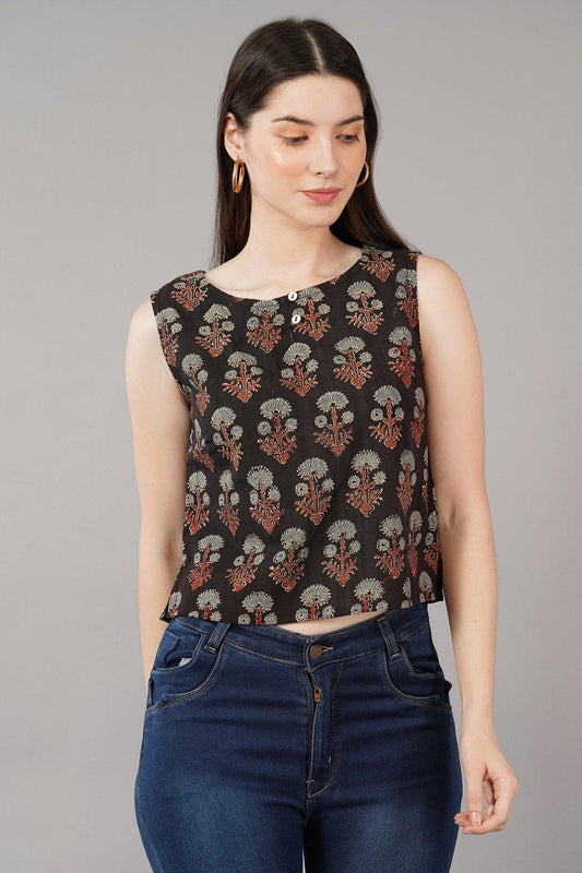 Black Ajrak Print Slim Fit  cropTop Navsyaa