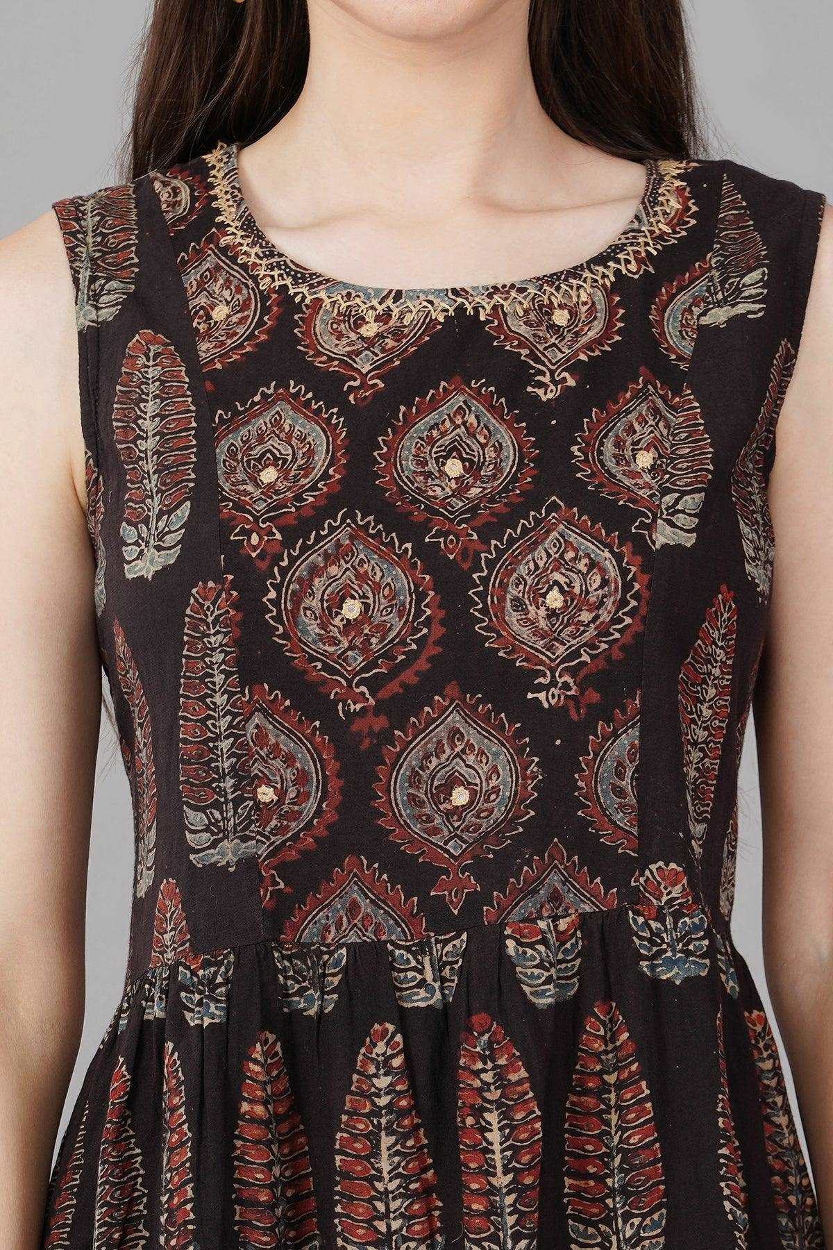 Black Ajrak Printed A-Line Dress Navsyaa