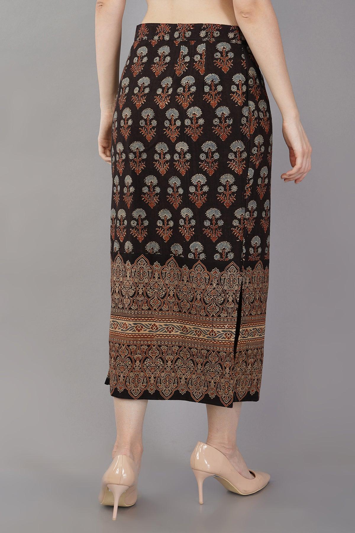 Black Ajrak cotton midi skirt Navsyaa