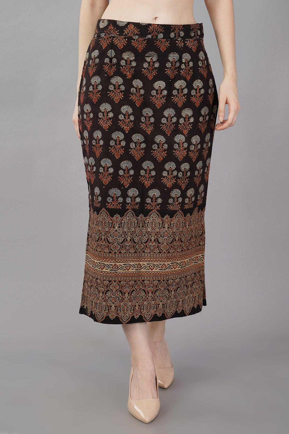 Black Ajrak cotton midi skirt Navsyaa