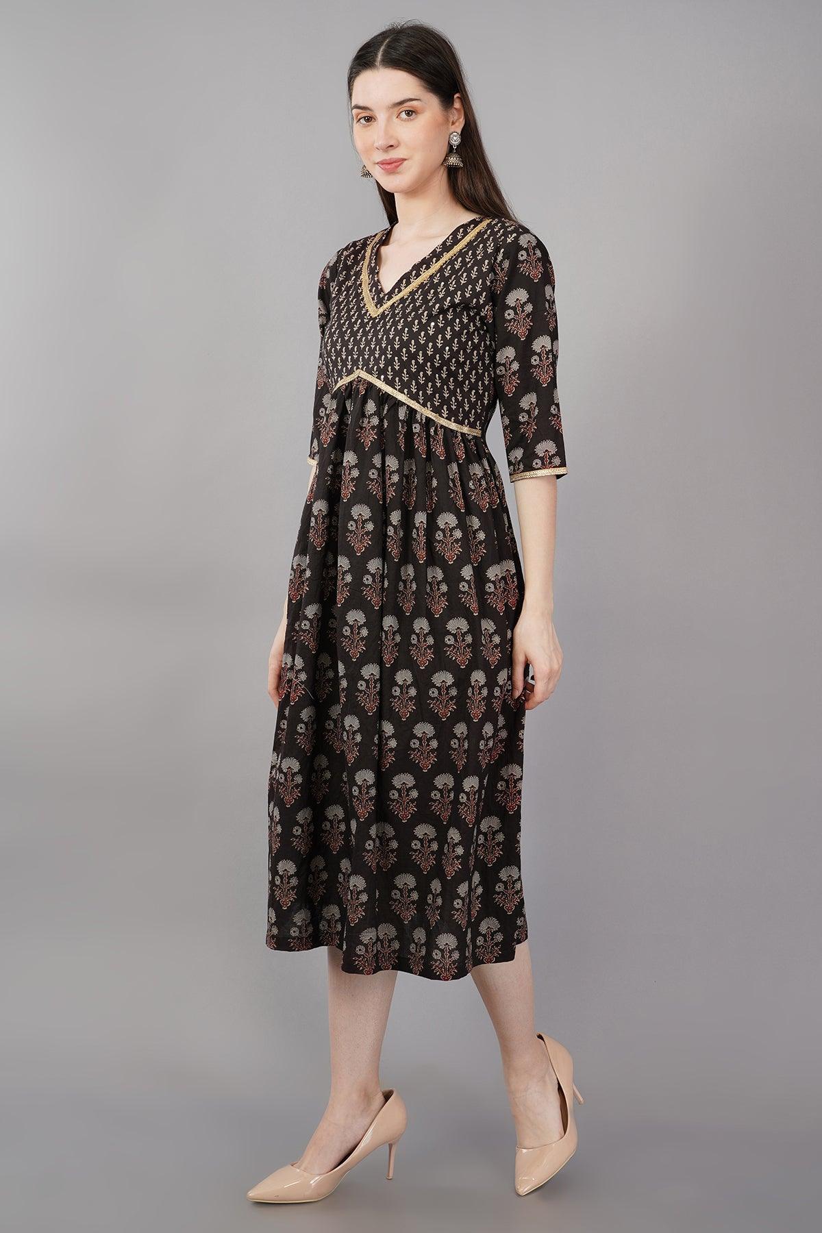 Black Floral Print A-line dress Navsyaa