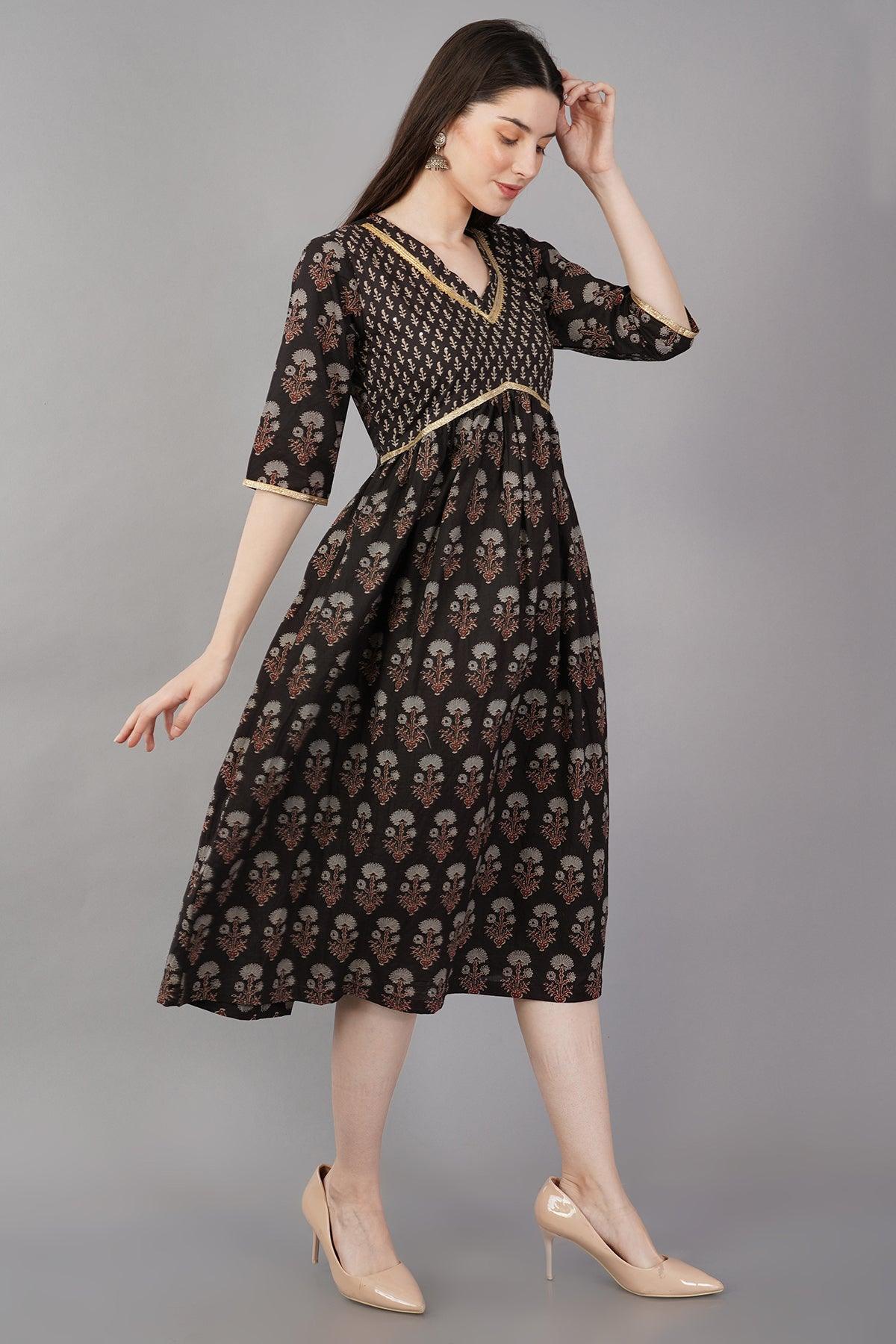 Black Floral Print A-line dress Navsyaa