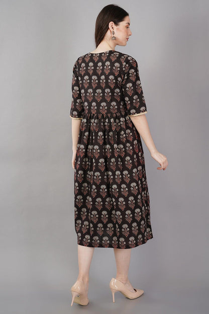 Black Floral Print A-line dress Navsyaa