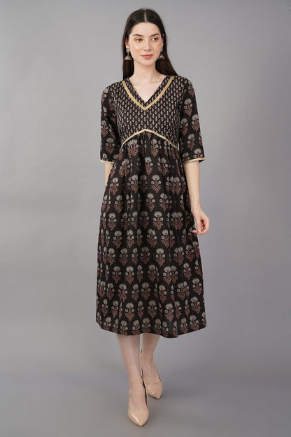 Black Floral Print A-line dress Navsyaa