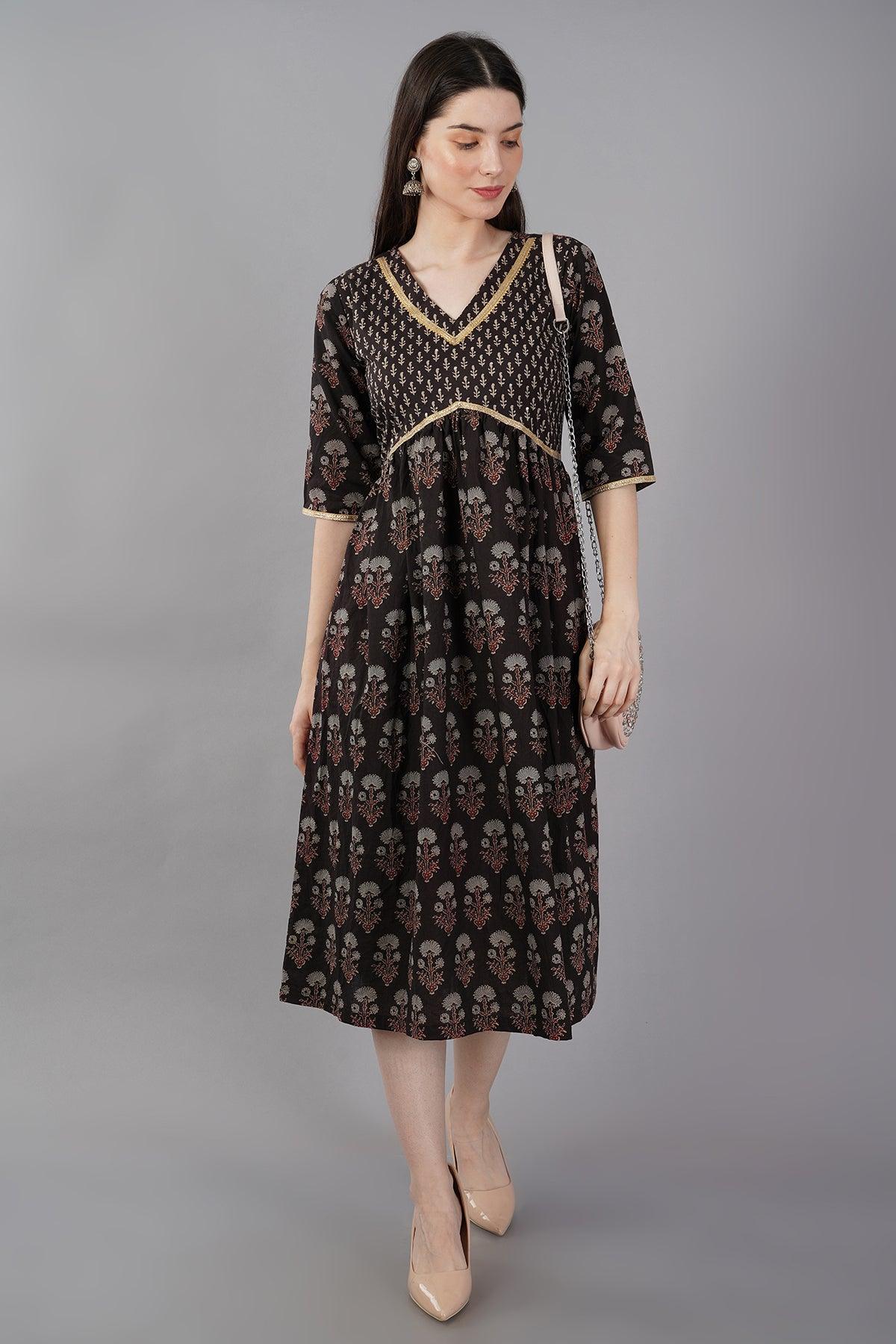 Black Floral Print A-line dress Navsyaa