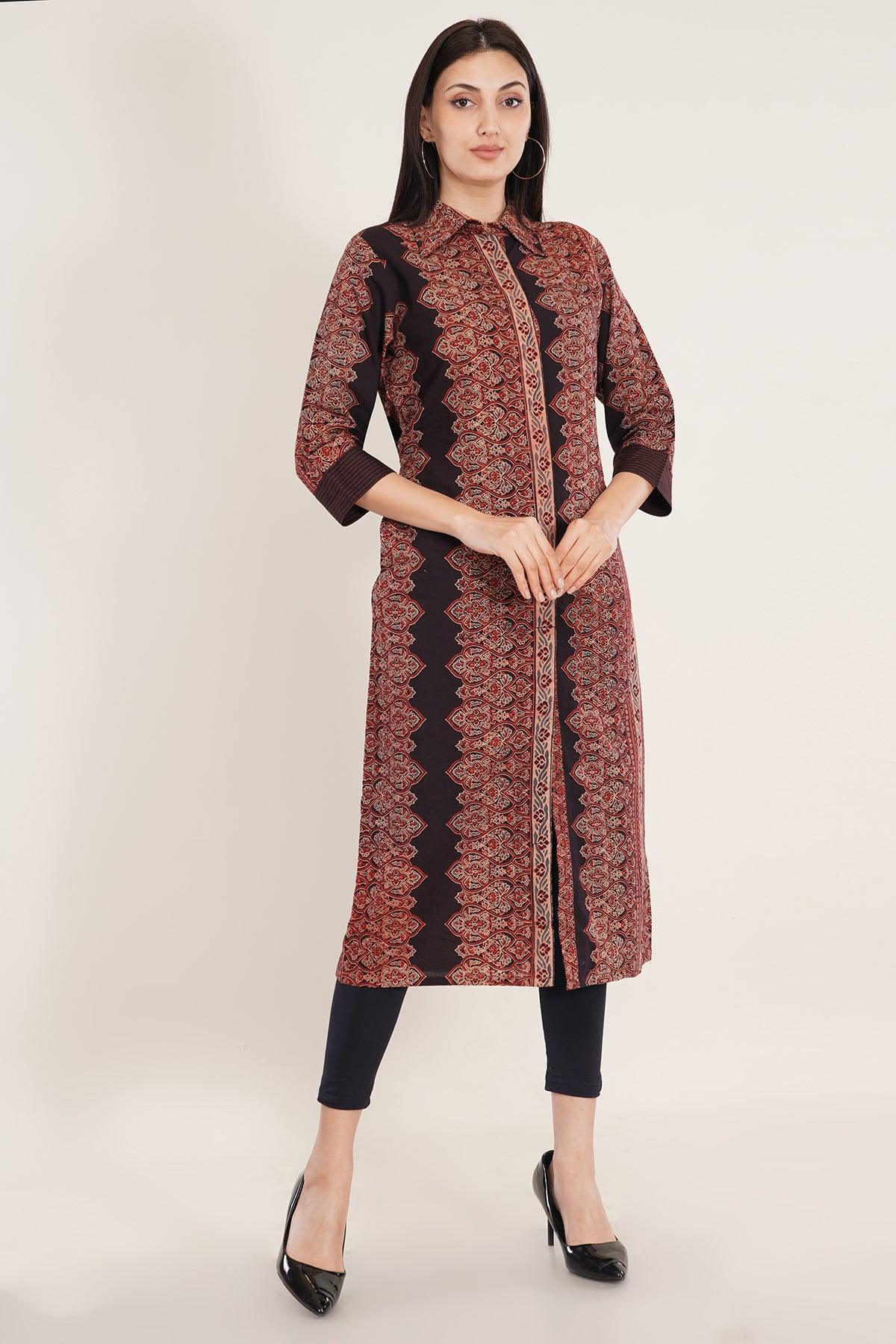 Black Women Ajrakh Print Straight Kurta Navsyaa