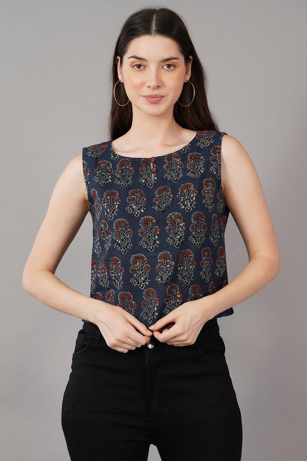 Blue Ajrak Print Slim Fit short tops Navsyaa