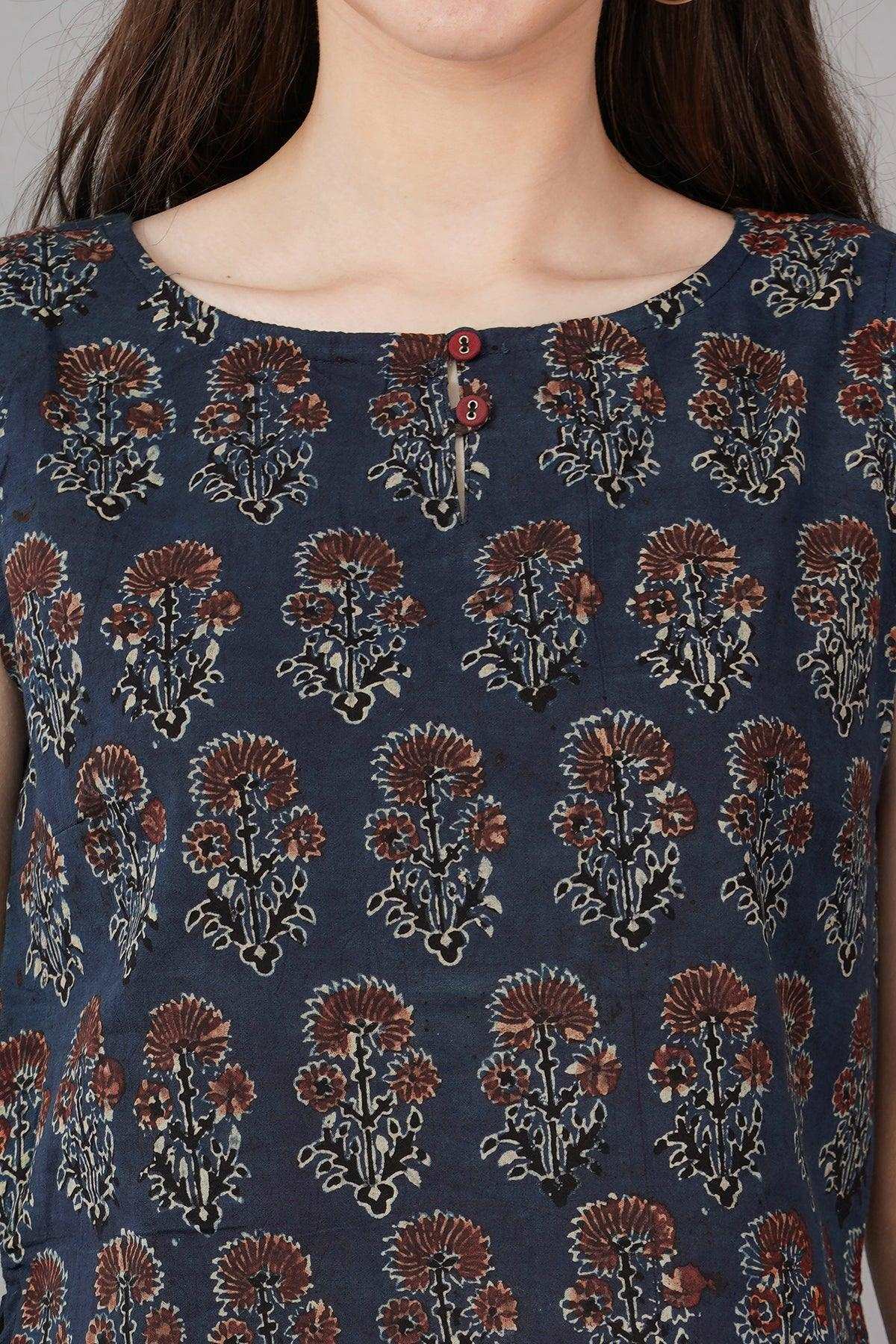 Blue Ajrak Print Slim Fit short tops Navsyaa