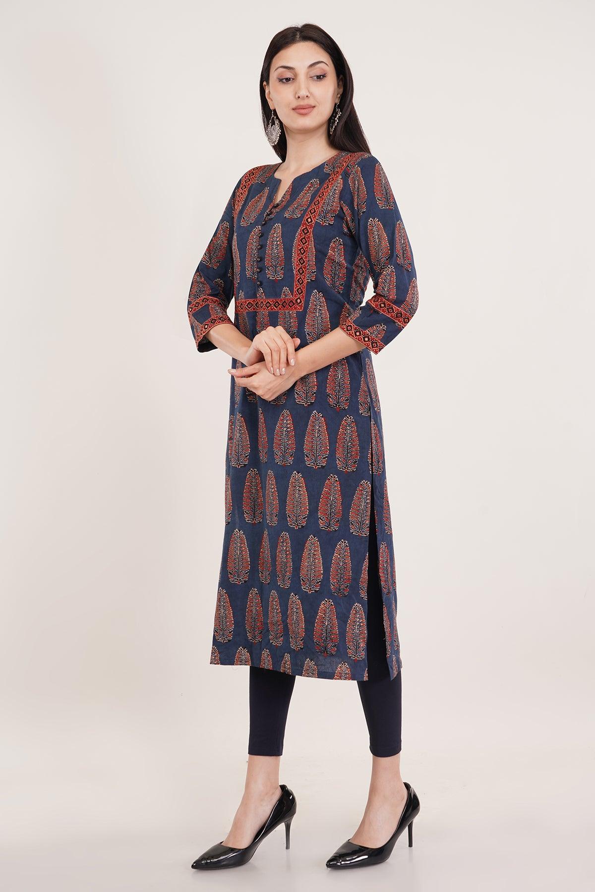 Blue Ajrak cotton long kurta for women Navsyaa