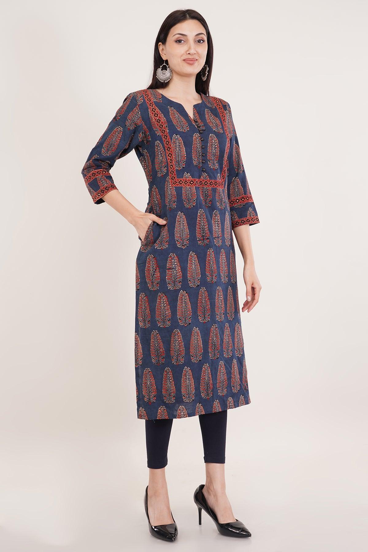 Blue Ajrak cotton long kurta for women Navsyaa