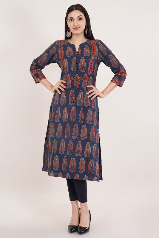 Blue Ajrak cotton long kurta for women Navsyaa