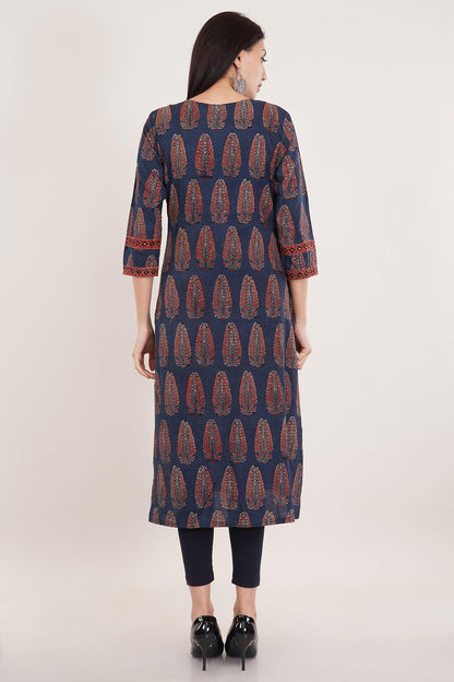 Blue Ajrak cotton long kurta for women Navsyaa