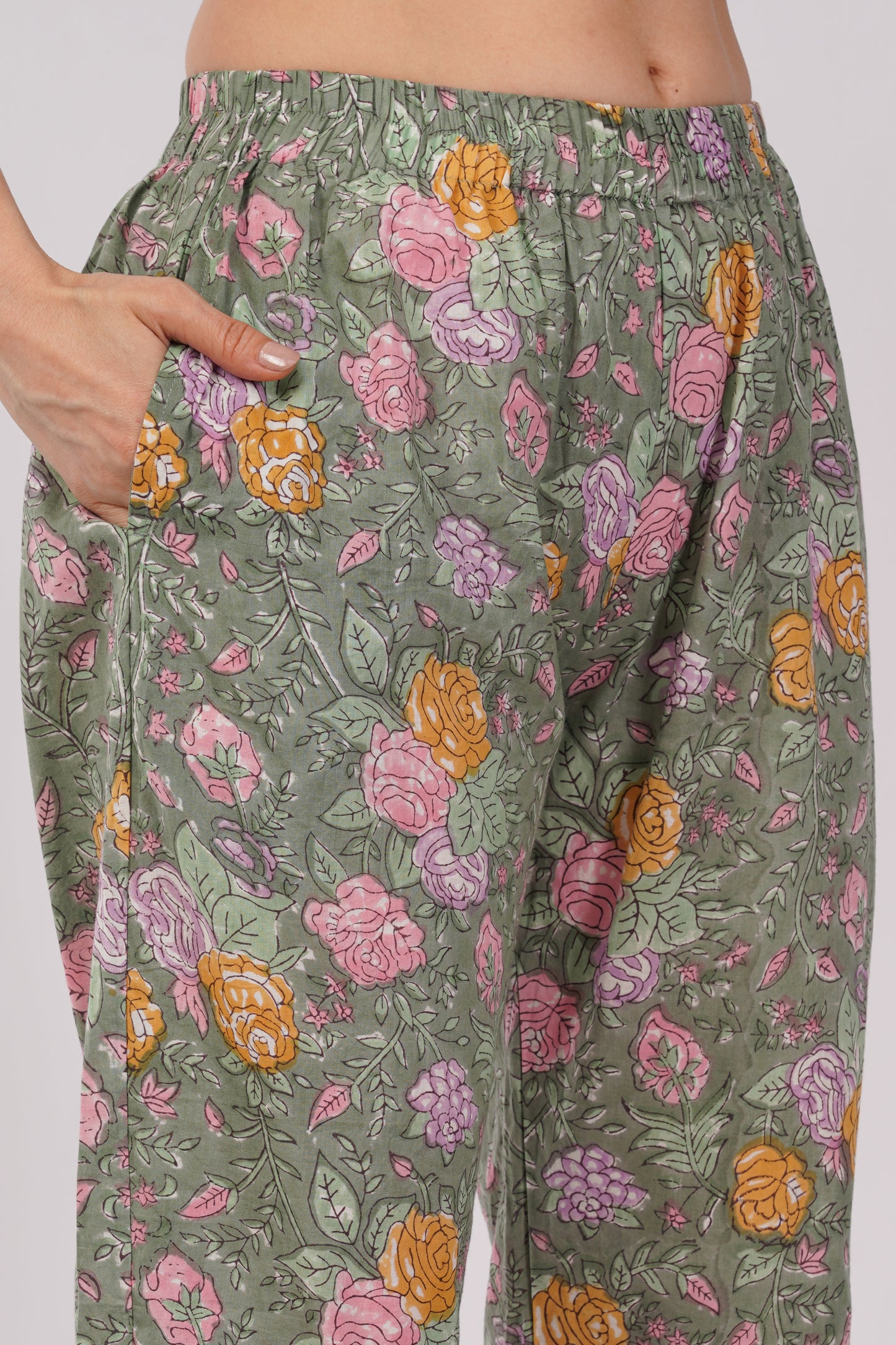 Sage Green Floral Print Pure Cotton Kurta &amp; Pant Set for Women