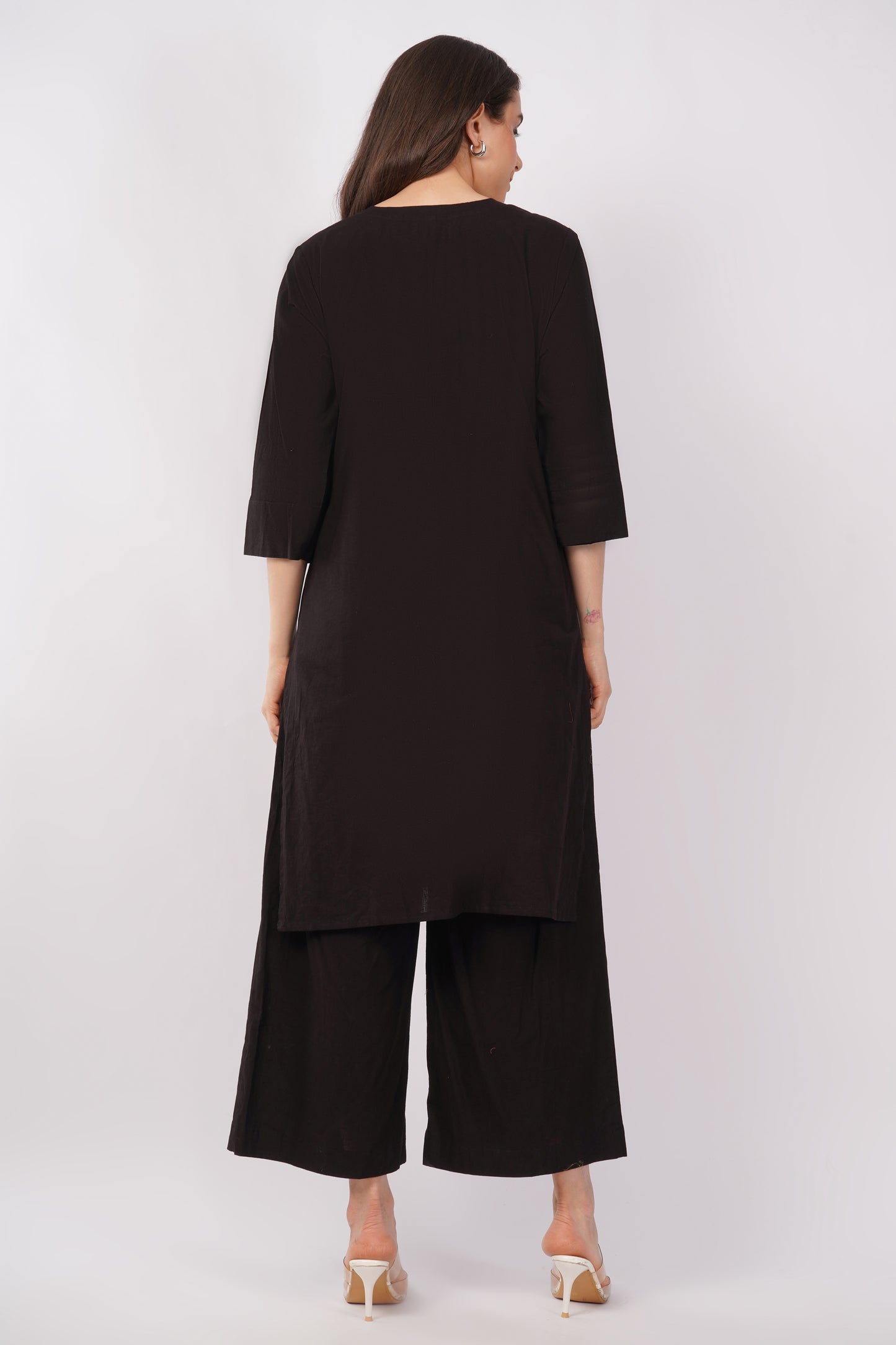 Black Pure Cotton Kurta Pant Set for Women with Ajrakh Trim | Navsyaa