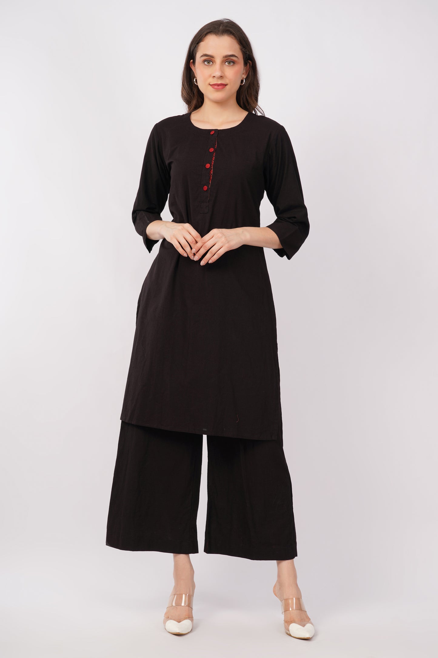 Black Pure Cotton Kurta Pant Set for Women with Ajrakh Trim | Navsyaa