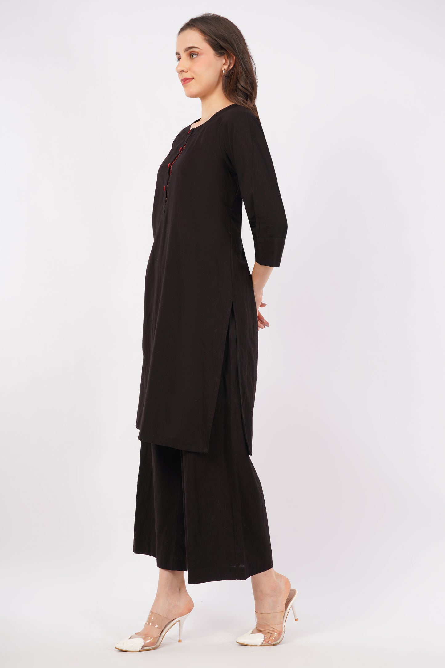 Black Pure Cotton Kurta Pant Set for Women with Ajrakh Trim | Navsyaa