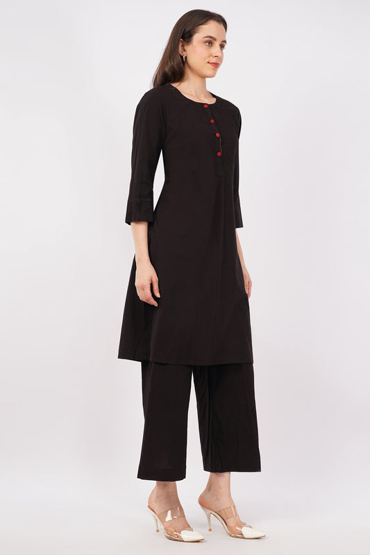 Black Pure Cotton Kurta Pant Set for Women with Ajrakh Trim | Navsyaa