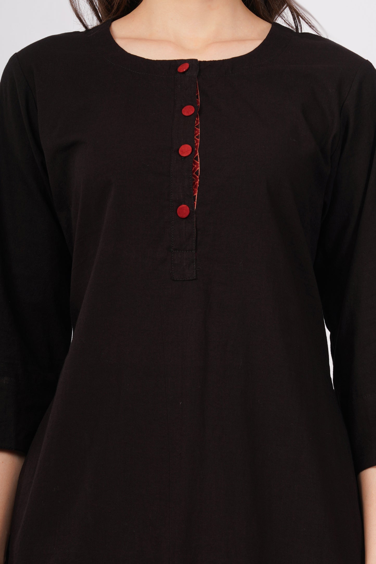Black Pure Cotton Kurta Pant Set for Women with Ajrakh Trim | Navsyaa