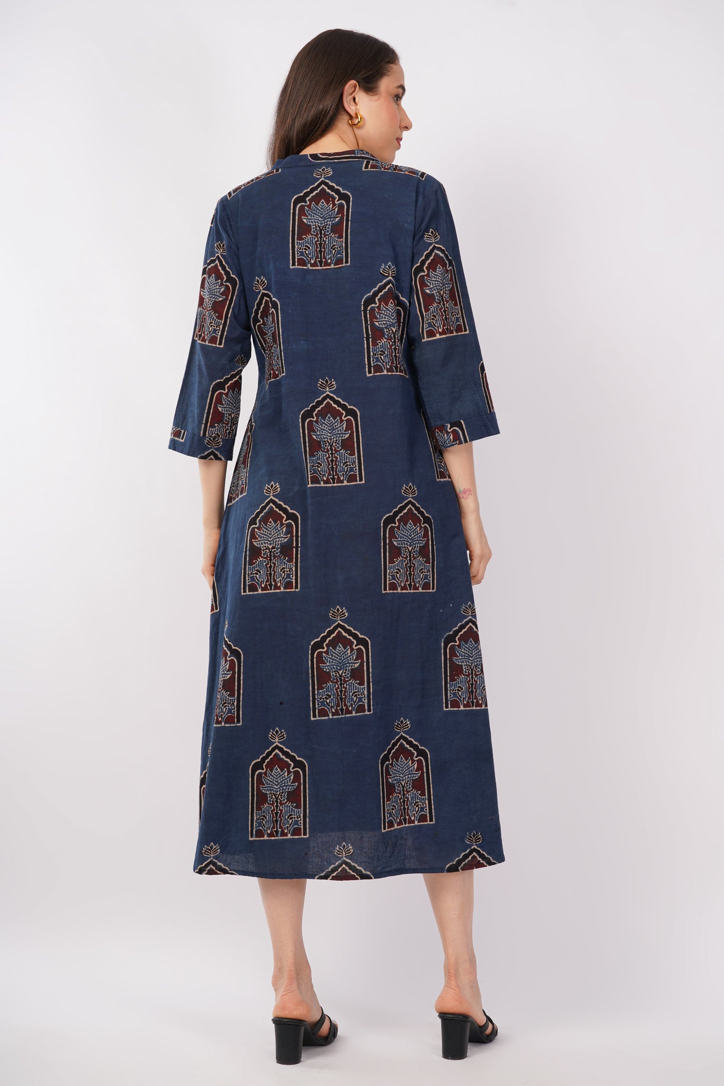Indigo Ajrakh Print Pure Cotton Midi Dress for Women